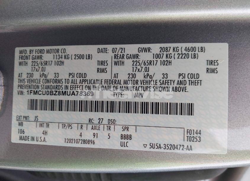 Photo 9 of 2021 Ford Escape SE HYBRID (VIN 1FMCU0BZ8MUA78369)