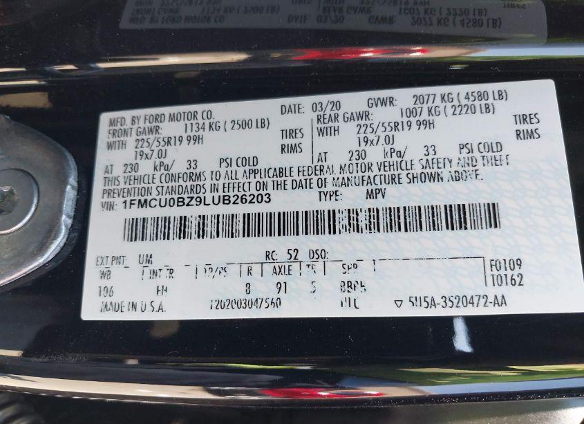 Photo 9 of 2020 Ford Escape SE SPORT HYBRID (VIN 1FMCU0BZ9LUB26203)