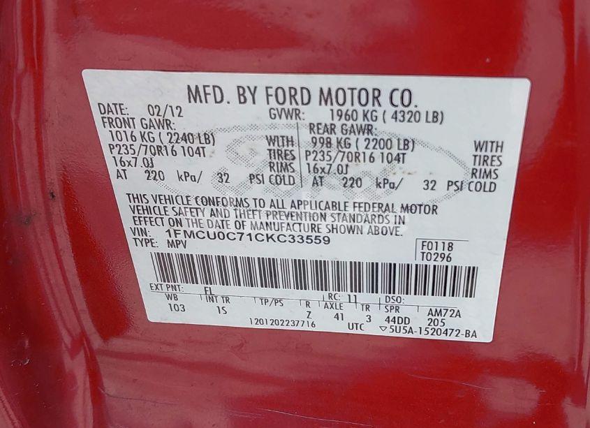 Photo 9 of 2012 Ford Escape XLS (VIN 1FMCU0C71CKC33559)