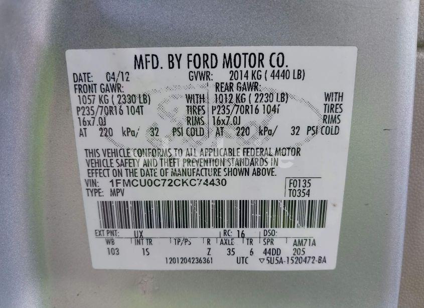 Photo 9 of 2012 Ford Escape XLS (VIN 1FMCU0C72CKC74430)