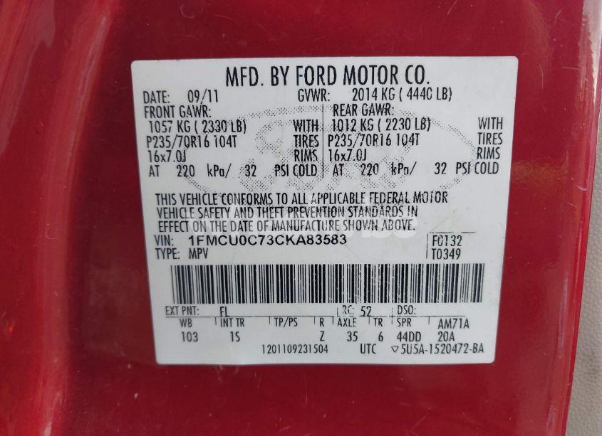 Photo 9 of 2012 Ford Escape XLS (VIN 1FMCU0C73CKA83583)