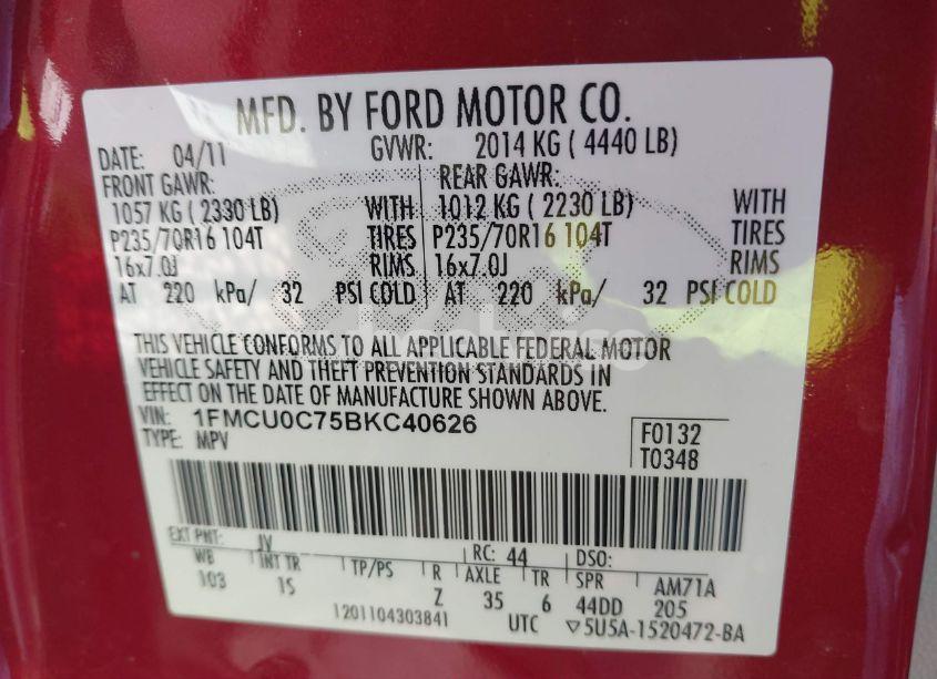 Photo 9 of 2011 Ford Escape XLS (VIN 1FMCU0C75BKC40626)