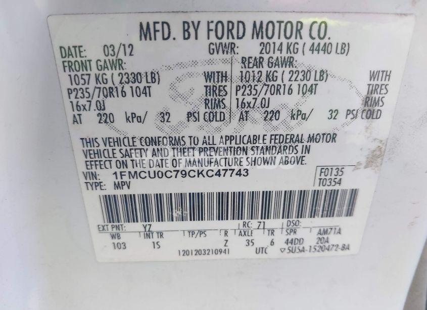 Photo 9 of 2012 Ford Escape XLS (VIN 1FMCU0C79CKC47743)