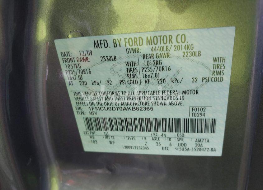 Photo 9 of 2010 Ford Escape XLT (VIN 1FMCU0D70AKB62365)