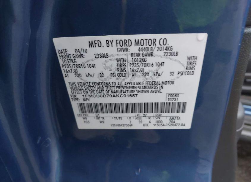 Photo 9 of 2010 Ford Escape XLT (VIN 1FMCU0D70AKC91657)