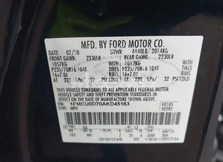 Photo 9 of 2010 Ford Escape XLT (VIN 1FMCU0D70AKD45183)