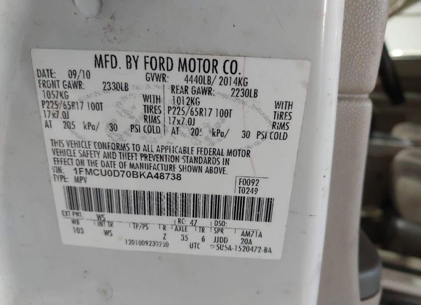 Photo 9 of 2011 Ford Escape XLT (VIN 1FMCU0D70BKA48738)