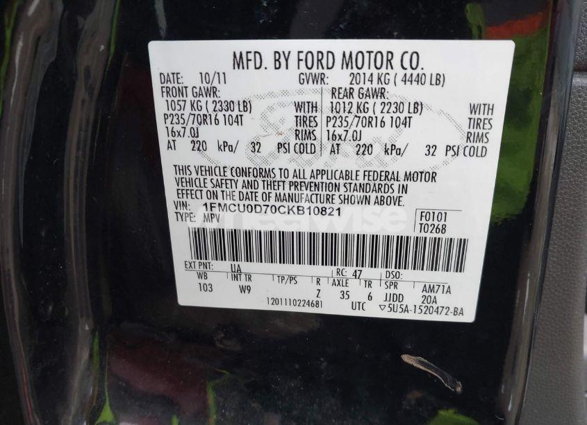 Photo 9 of 2012 Ford Escape XLT (VIN 1FMCU0D70CKB10821)