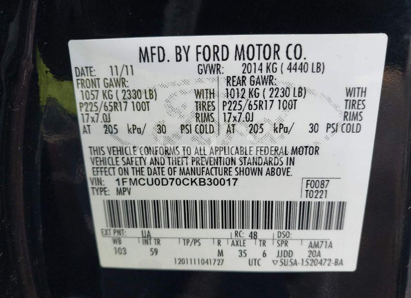 Photo 9 of 2012 Ford Escape XLT (VIN 1FMCU0D70CKB30017)