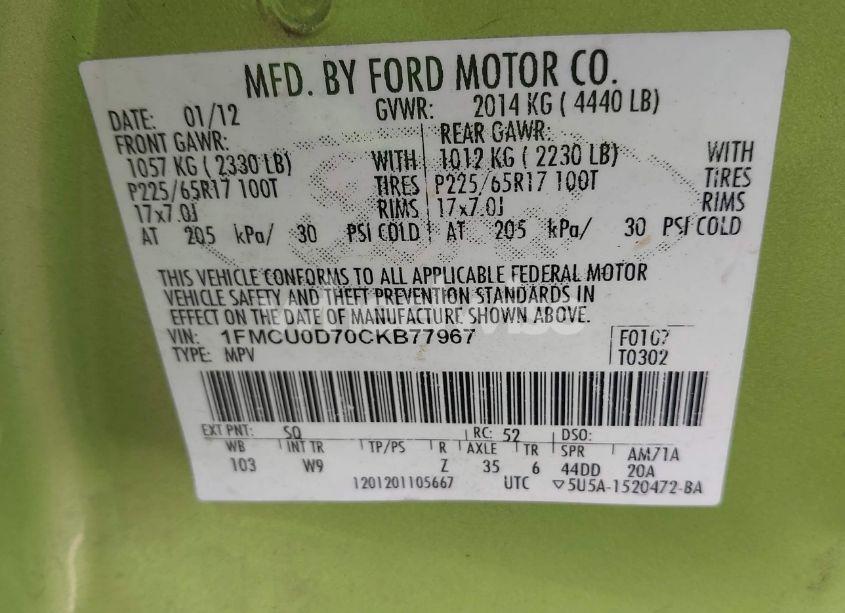 Photo 9 of 2012 Ford Escape XLT (VIN 1FMCU0D70CKB77967)