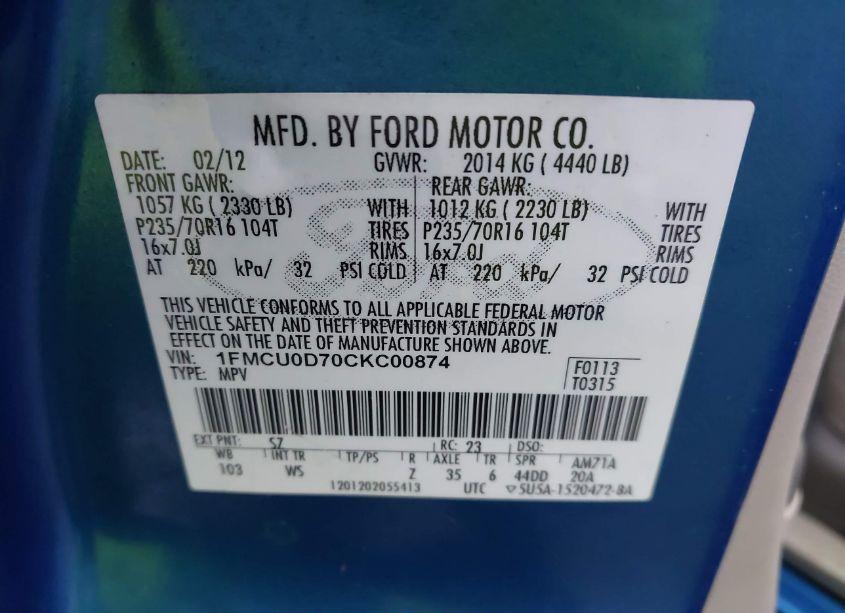 Photo 9 of 2012 Ford Escape XLT (VIN 1FMCU0D70CKC00874)