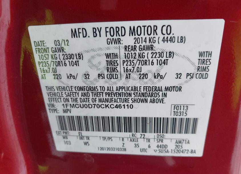 Photo 9 of 2012 Ford Escape XLT (VIN 1FMCU0D70CKC46110)