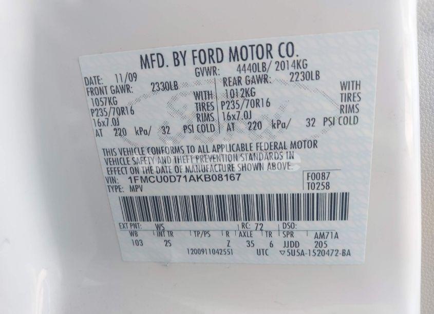 Photo 9 of 2010 Ford Escape XLT (VIN 1FMCU0D71AKB08167)