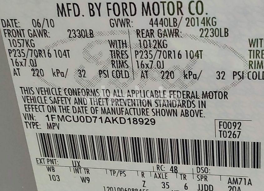 Photo 9 of 2010 Ford Escape XLT (VIN 1FMCU0D71AKD18929)