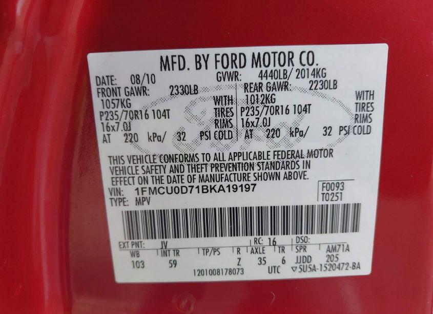 Photo 9 of 2011 Ford Escape XLT (VIN 1FMCU0D71BKA19197)