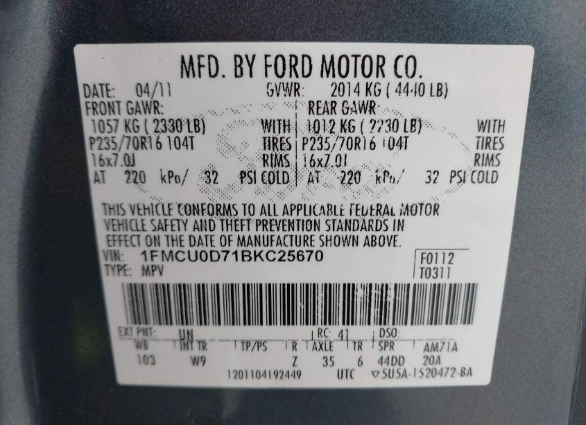 Photo 9 of 2011 Ford Escape XLT (VIN 1FMCU0D71BKC25670)