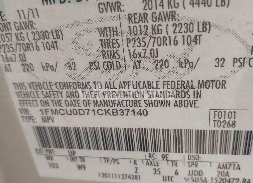 Photo 9 of 2012 Ford Escape XLT (VIN 1FMCU0D71CKB37140)