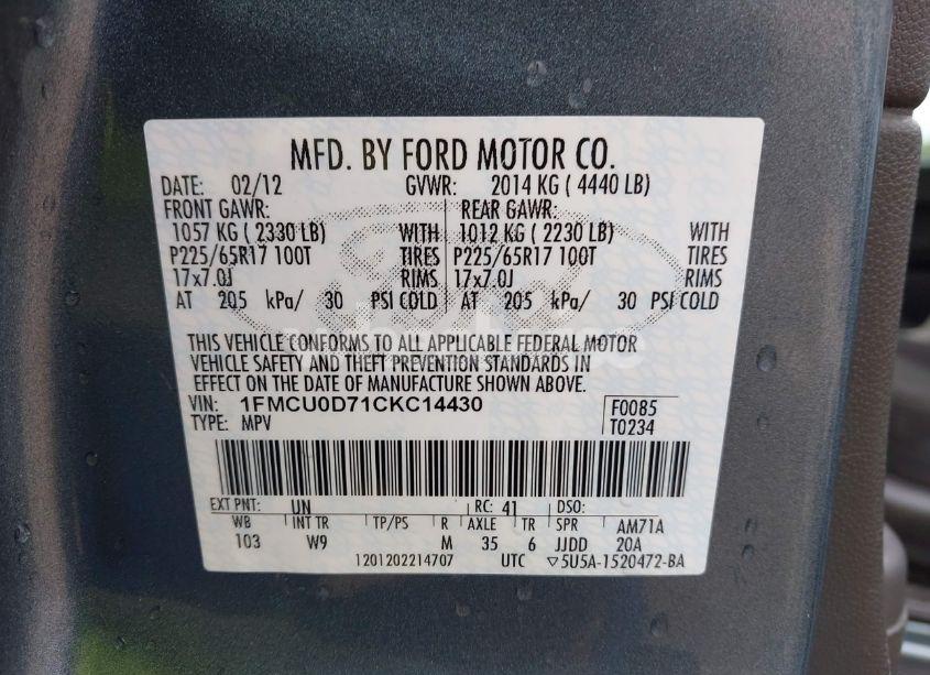 Photo 9 of 2012 Ford Escape XLT (VIN 1FMCU0D71CKC14430)
