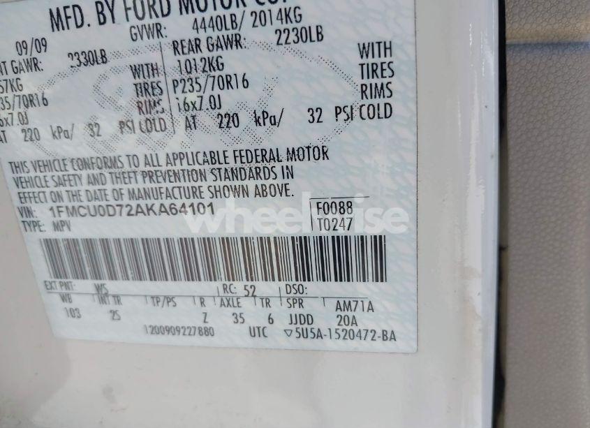 Photo 9 of 2010 Ford Escape XLT (VIN 1FMCU0D72AKA64101)