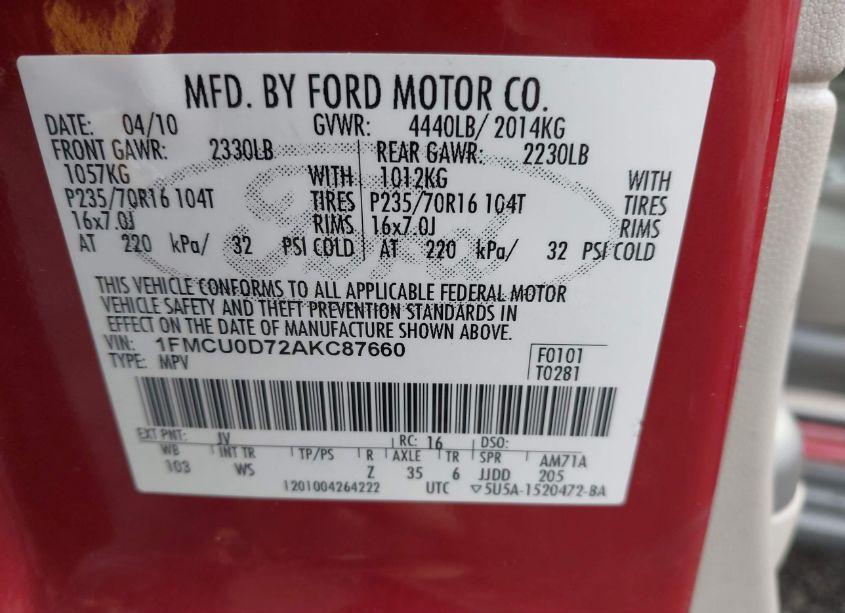 Photo 9 of 2010 Ford Escape XLT (VIN 1FMCU0D72AKC87660)