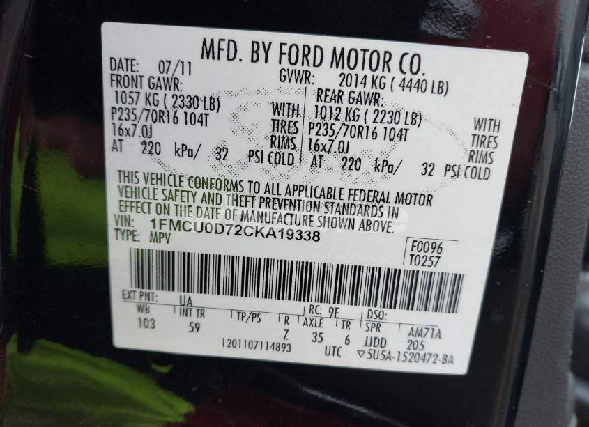 Photo 9 of 2012 Ford Escape XLT (VIN 1FMCU0D72CKA19338)