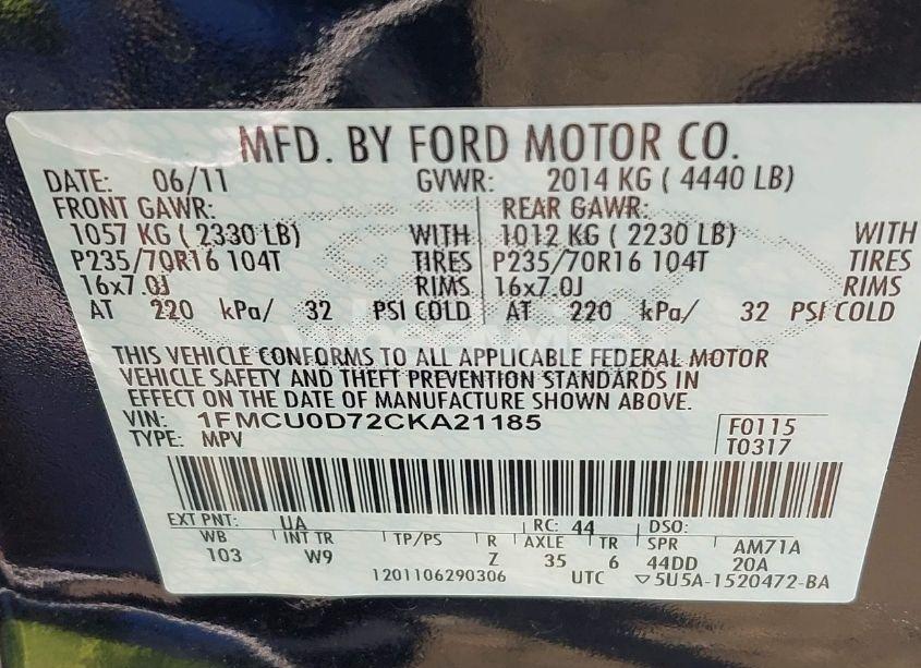 Photo 9 of 2012 Ford Escape XLT (VIN 1FMCU0D72CKA21185)