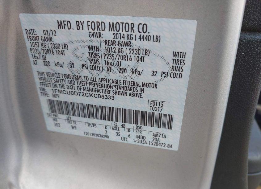 Photo 9 of 2012 Ford Escape XLT (VIN 1FMCU0D72CKC05333)