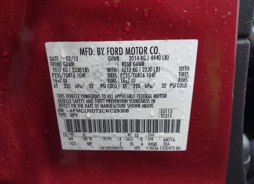 Photo 9 of 2012 Ford Escape XLT (VIN 1FMCU0D72CKC29308)