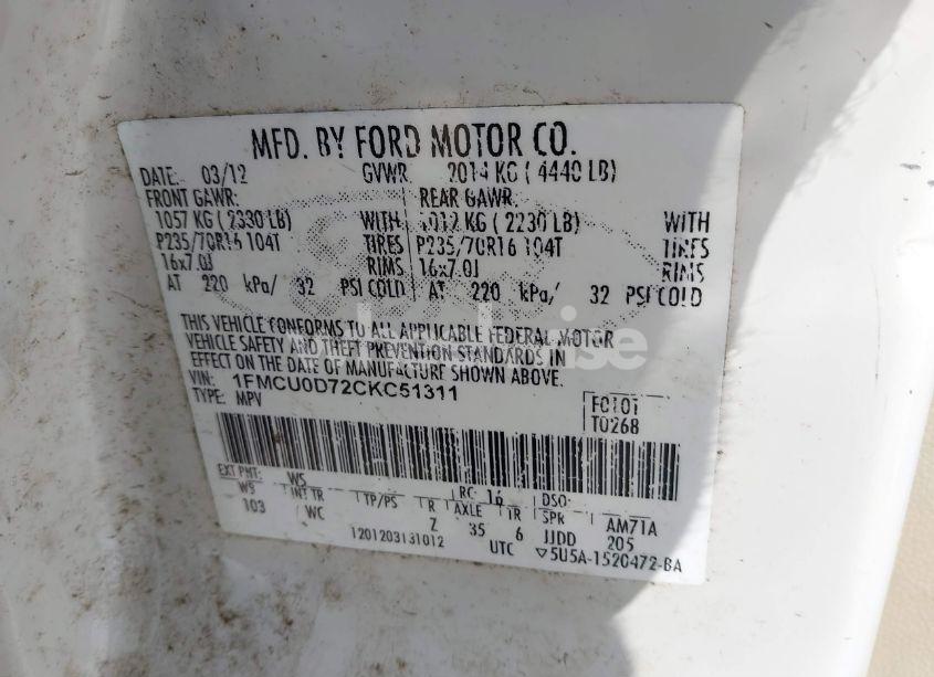 Photo 9 of 2012 Ford Escape XLT (VIN 1FMCU0D72CKC51311)