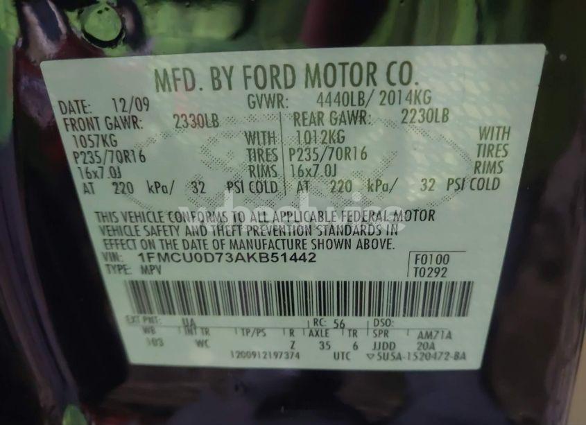 Photo 9 of 2010 Ford Escape XLT (VIN 1FMCU0D73AKB51442)