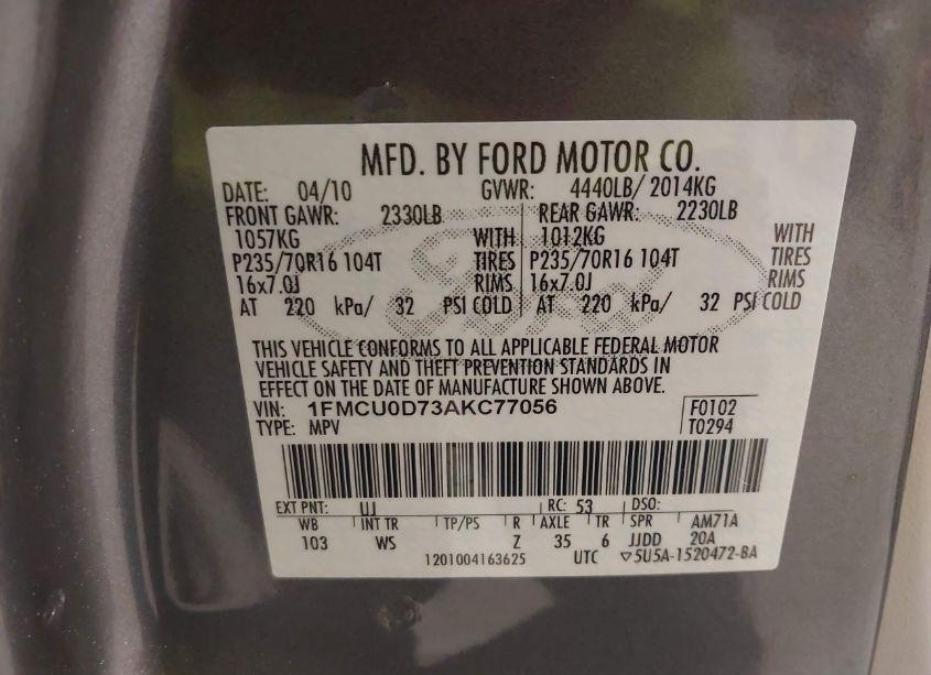 Photo 9 of 2010 Ford Escape XLT (VIN 1FMCU0D73AKC77056)