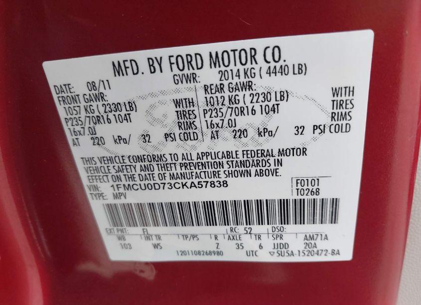 Photo 9 of 2012 Ford Escape XLT (VIN 1FMCU0D73CKA57838)