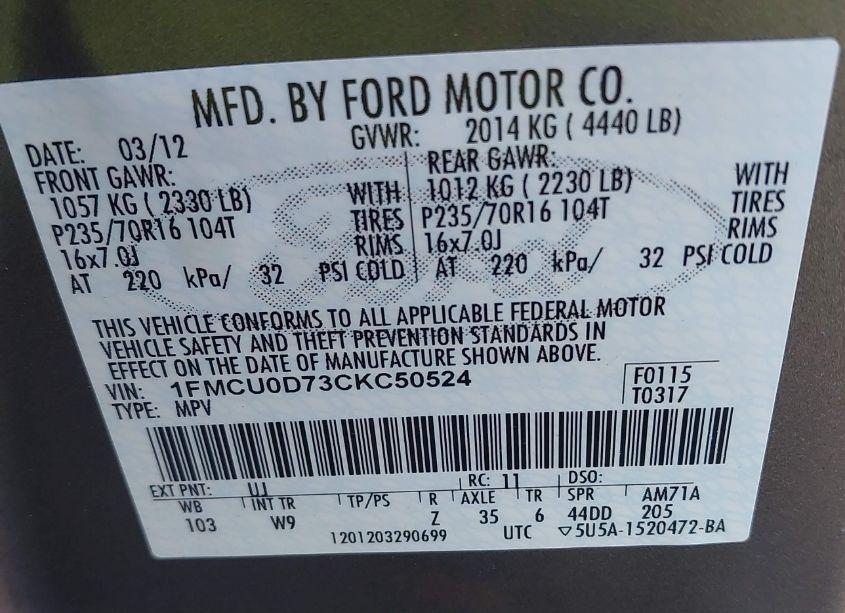 Photo 9 of 2012 Ford Escape XLT (VIN 1FMCU0D73CKC50524)