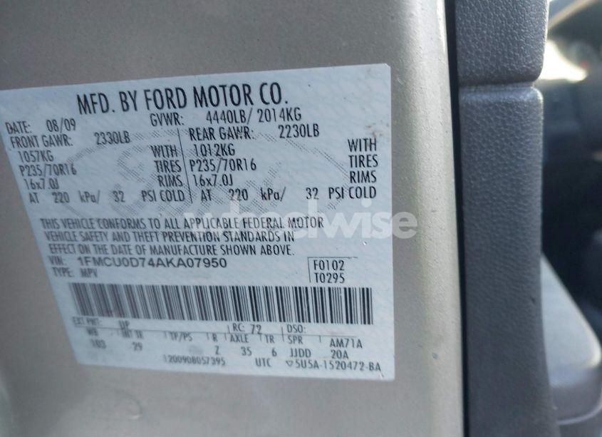 Photo 9 of 2010 Ford Escape XLT (VIN 1FMCU0D74AKA07950)