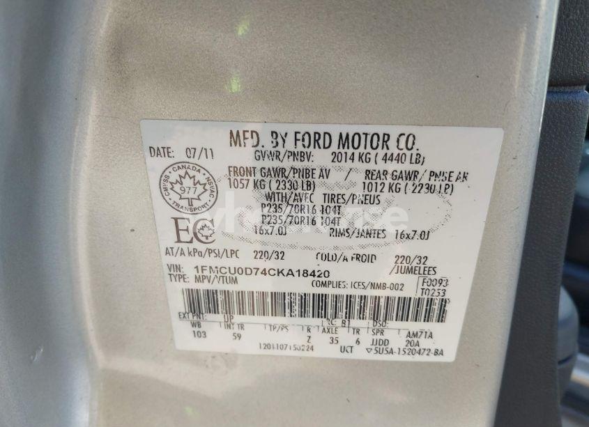 Photo 9 of 2012 Ford Escape XLT (VIN 1FMCU0D74CKA18420)