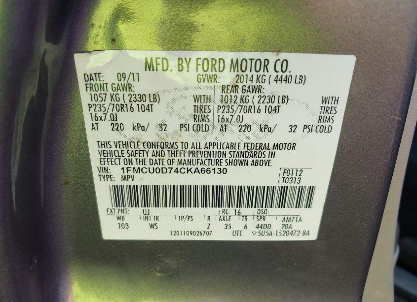 Photo 9 of 2012 Ford Escape XLT (VIN 1FMCU0D74CKA66130)