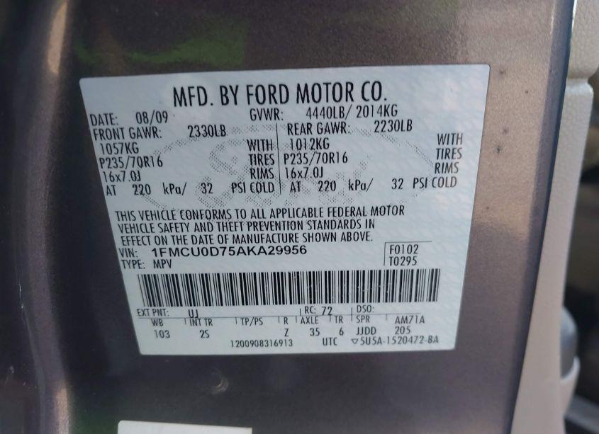 Photo 9 of 2010 Ford Escape XLT (VIN 1FMCU0D75AKA29956)