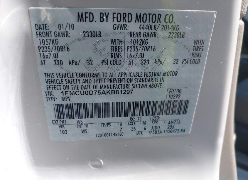 Photo 9 of 2010 Ford Escape XLT (VIN 1FMCU0D75AKB81297)