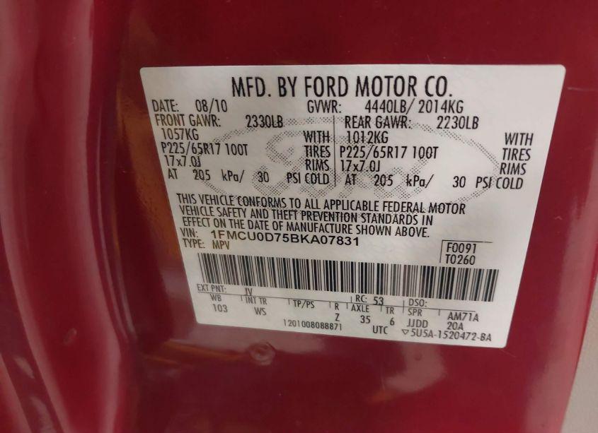 Photo 9 of 2011 Ford Escape XLT (VIN 1FMCU0D75BKA07831)