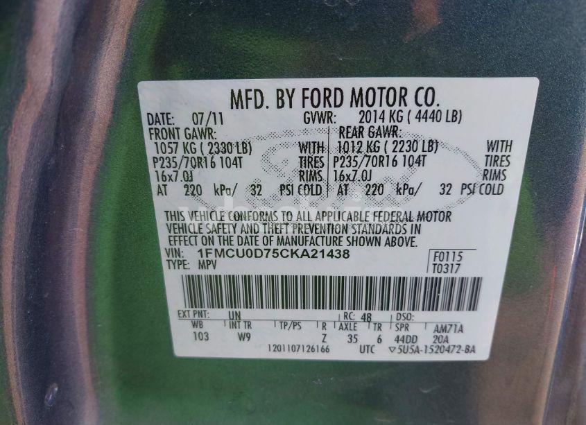 Photo 9 of 2012 Ford Escape XLT (VIN 1FMCU0D75CKA21438)