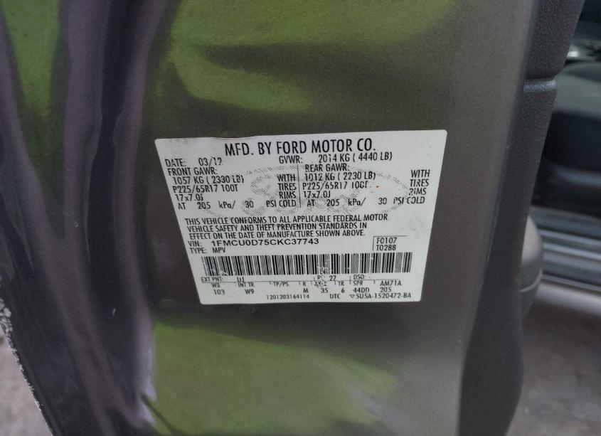 Photo 9 of 2012 Ford Escape XLT (VIN 1FMCU0D75CKC37743)