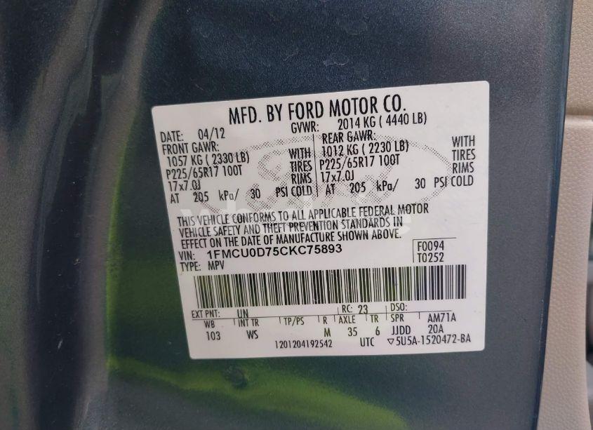 Photo 9 of 2012 Ford Escape XLT (VIN 1FMCU0D75CKC75893)