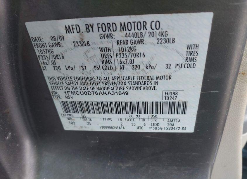 Photo 9 of 2010 Ford Escape XLT (VIN 1FMCU0D76AKA31649)
