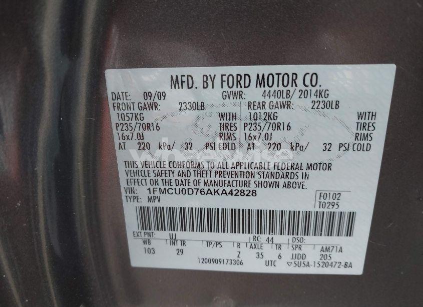 Photo 9 of 2010 Ford Escape XLT (VIN 1FMCU0D76AKA42828)