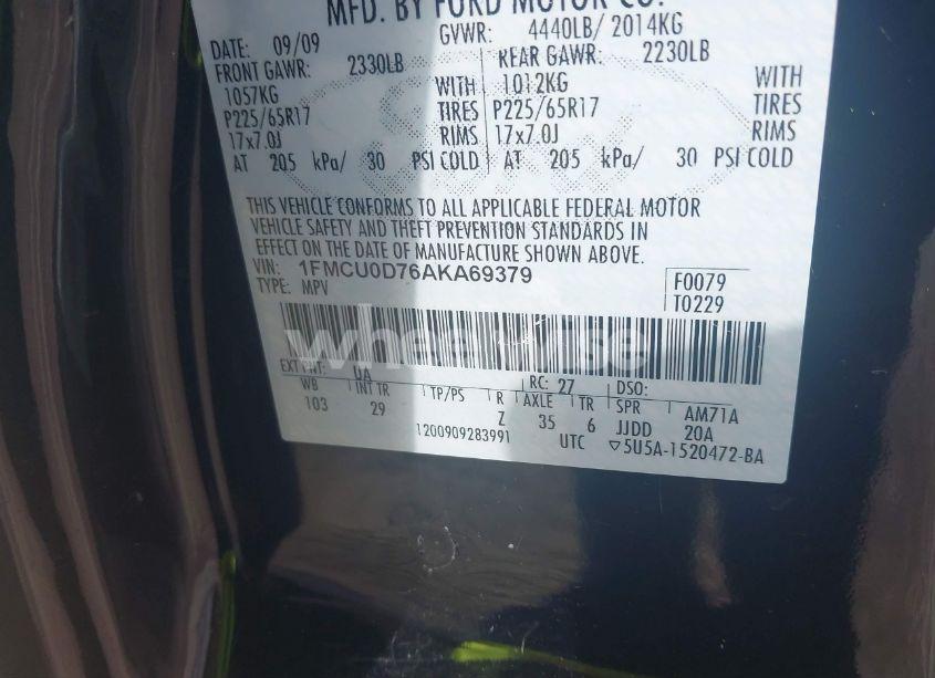 Photo 9 of 2010 Ford Escape XLT (VIN 1FMCU0D76AKA69379)