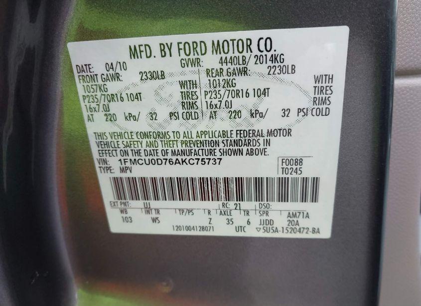 Photo 9 of 2010 Ford Escape XLT (VIN 1FMCU0D76AKC75737)