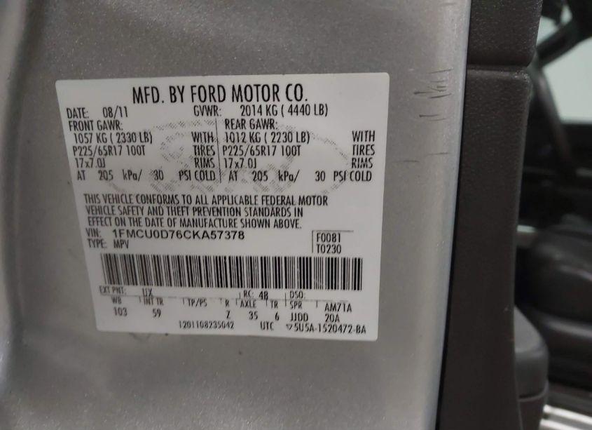 Photo 9 of 2012 Ford Escape XLT (VIN 1FMCU0D76CKA57378)