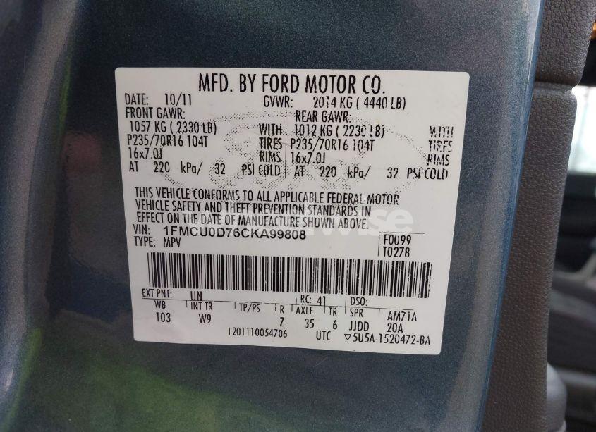 Photo 9 of 2012 Ford Escape XLT (VIN 1FMCU0D76CKA99808)