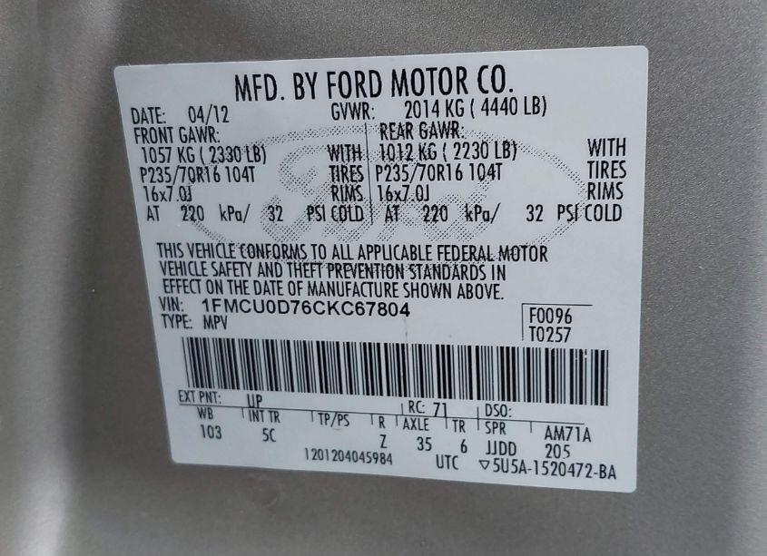 Photo 9 of 2012 Ford Escape XLT (VIN 1FMCU0D76CKC67804)