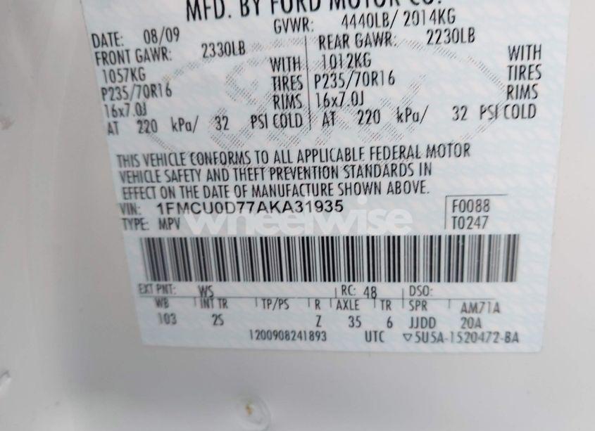 Photo 9 of 2010 Ford Escape XLT (VIN 1FMCU0D77AKA31935)